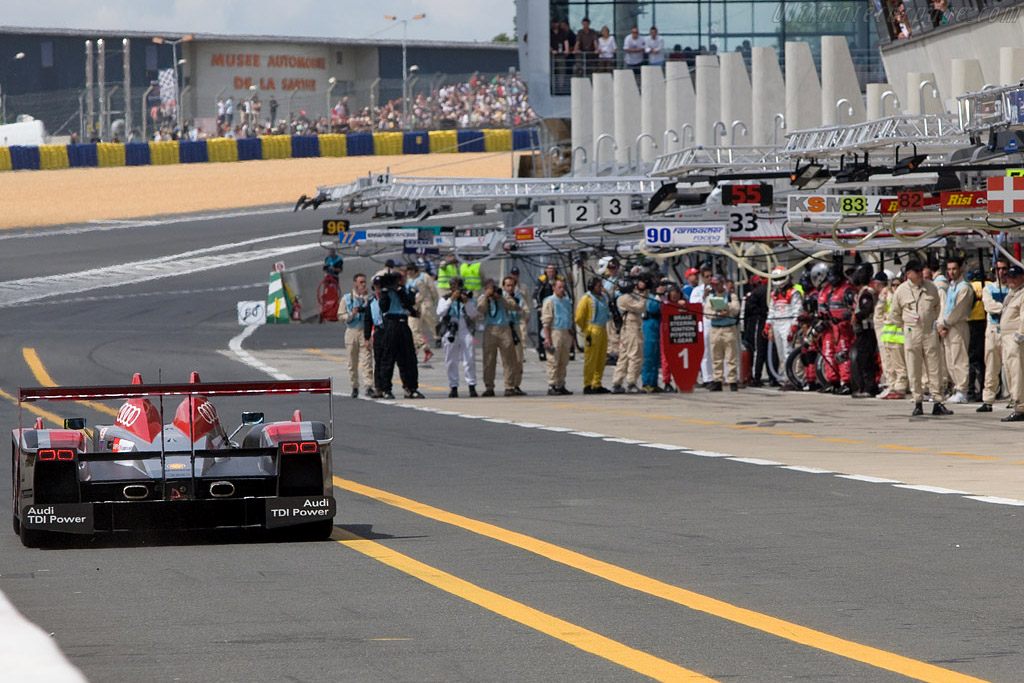 The #1 Audi heading for a battery of media and mechanics - Chassis: 301 - Entrant: Audi Sport North America - 2008 24 Hours of Le Mans